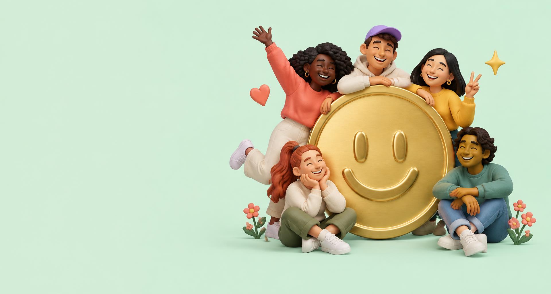 Friends gathered around a gold smiling coin, celebrating connection